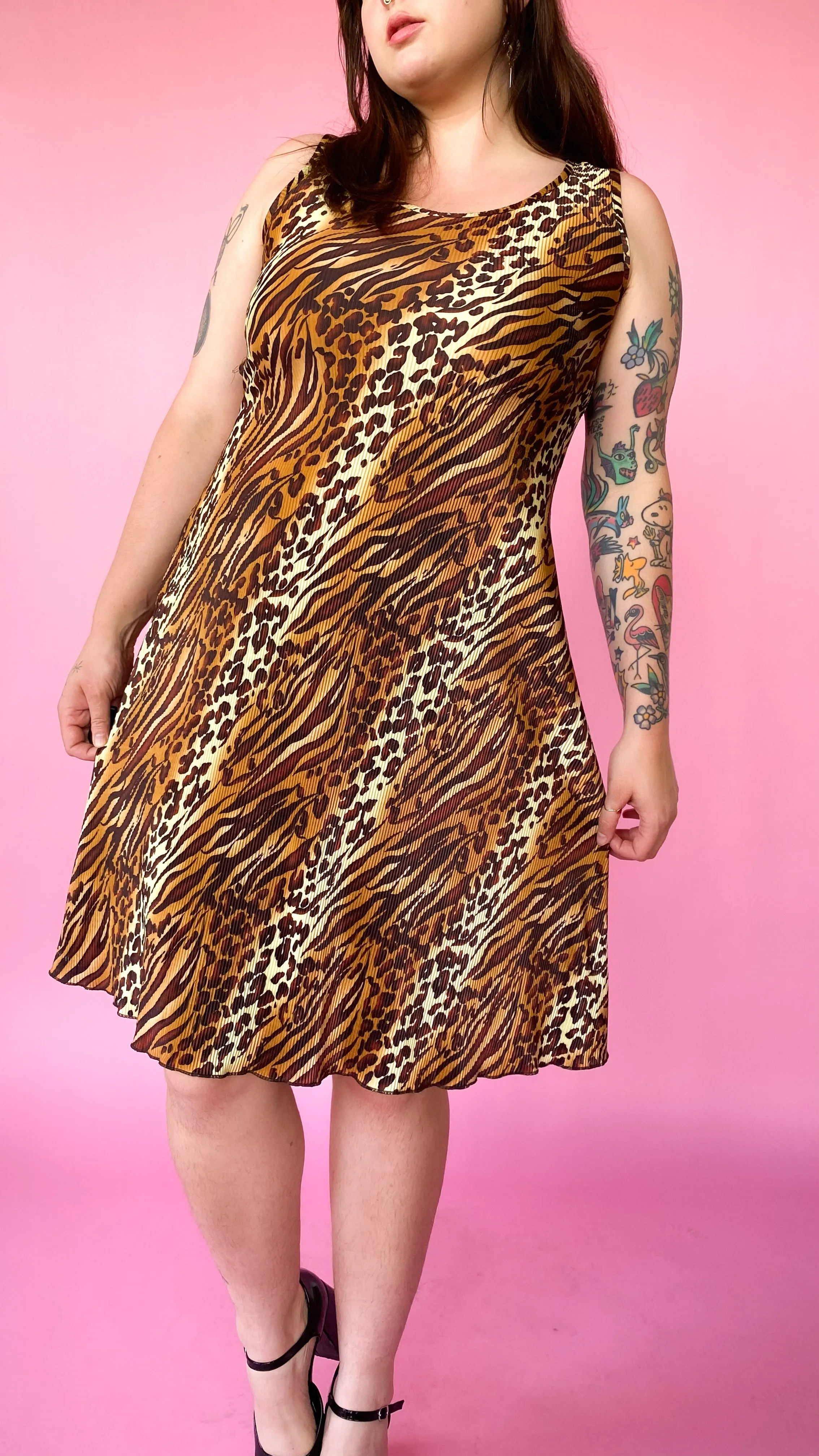 1990s Plisse Animal Print Dress, sz. XL