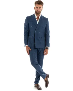 Abito Uomo Doppiopetto Vestito Completo Giacca Pantaloni Blu a Quadri Elegante Casual GIOSAL-OU2402A