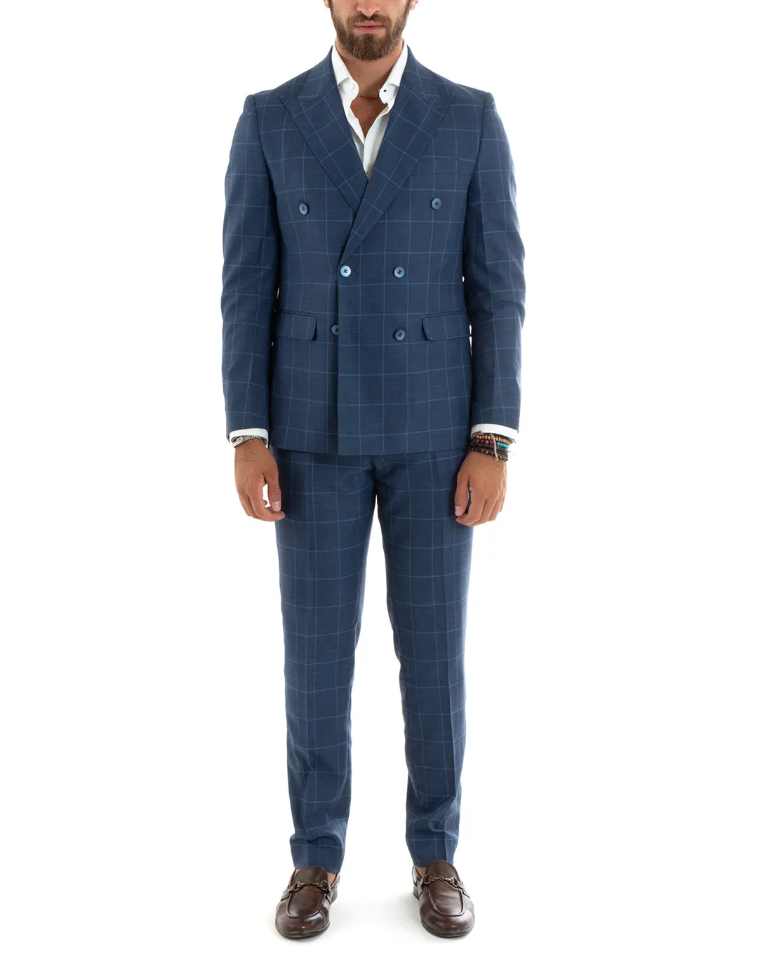 Abito Uomo Doppiopetto Vestito Completo Giacca Pantaloni Blu a Quadri Elegante Casual GIOSAL-OU2402A