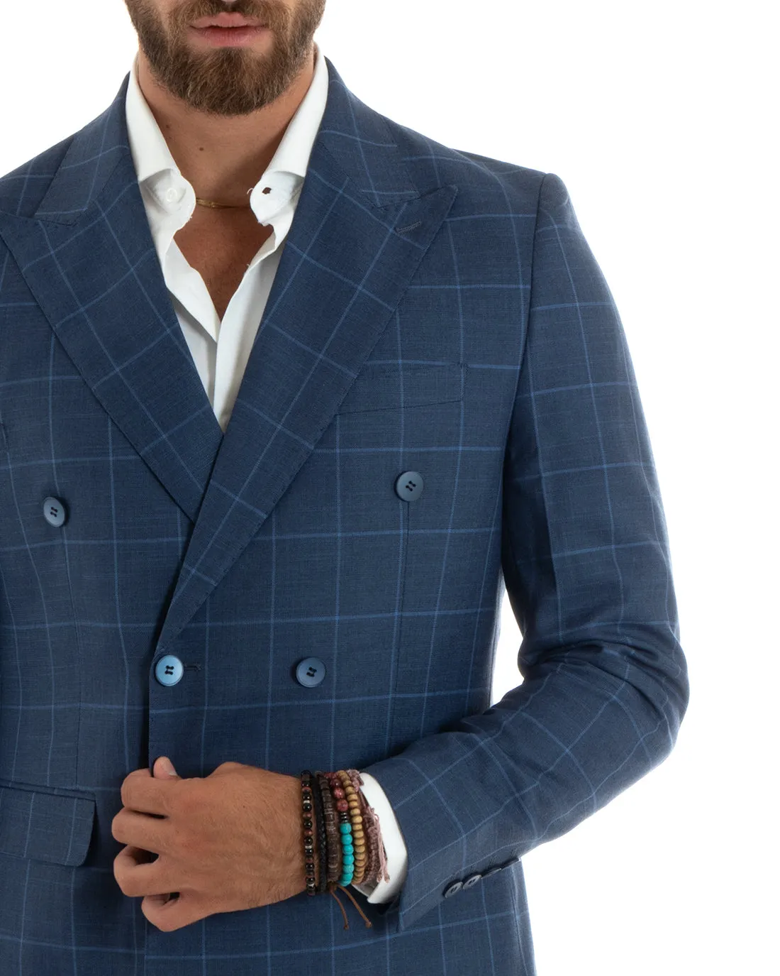 Abito Uomo Doppiopetto Vestito Completo Giacca Pantaloni Blu a Quadri Elegante Casual GIOSAL-OU2402A