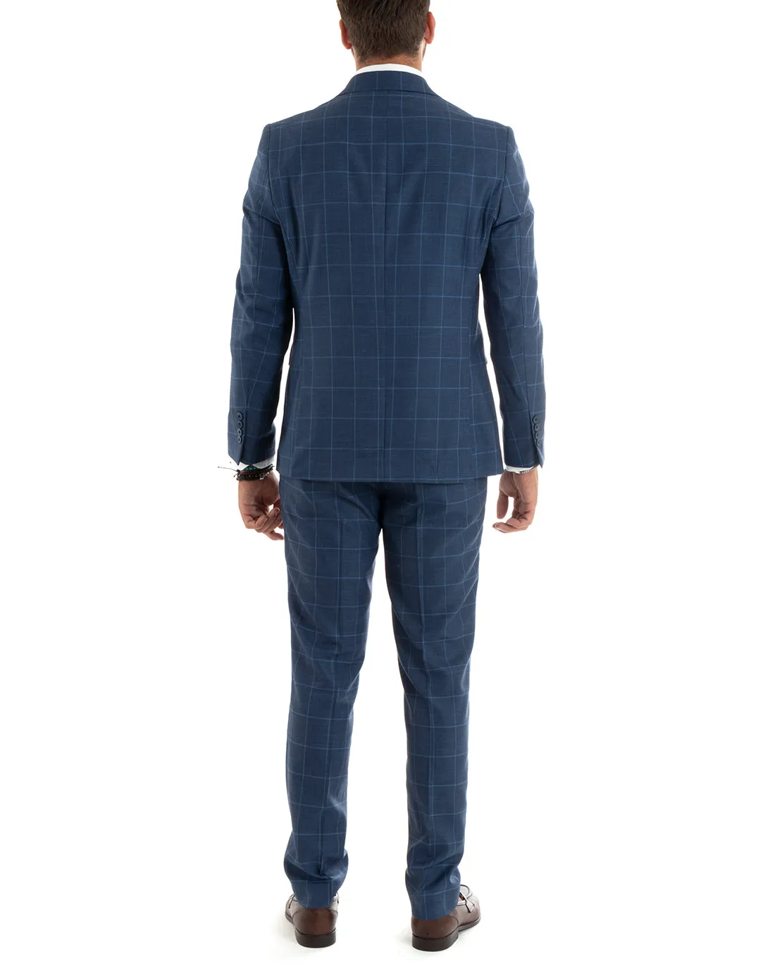 Abito Uomo Doppiopetto Vestito Completo Giacca Pantaloni Blu a Quadri Elegante Casual GIOSAL-OU2402A