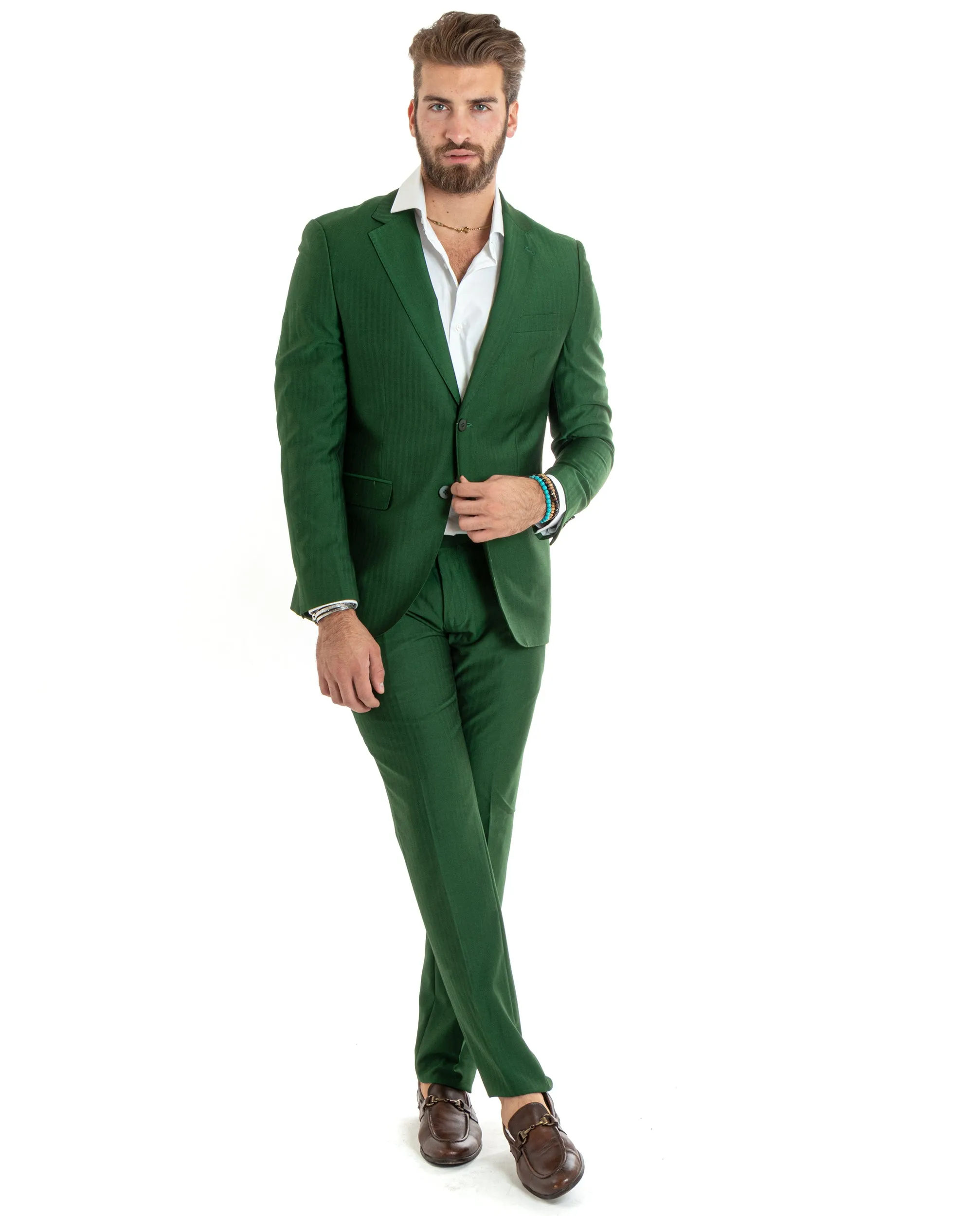 Abito Uomo Monopetto Vestito Gessato Solaro Completo Giacca Pantaloni Verde Elegante Casual GIOSAL-OU2429A