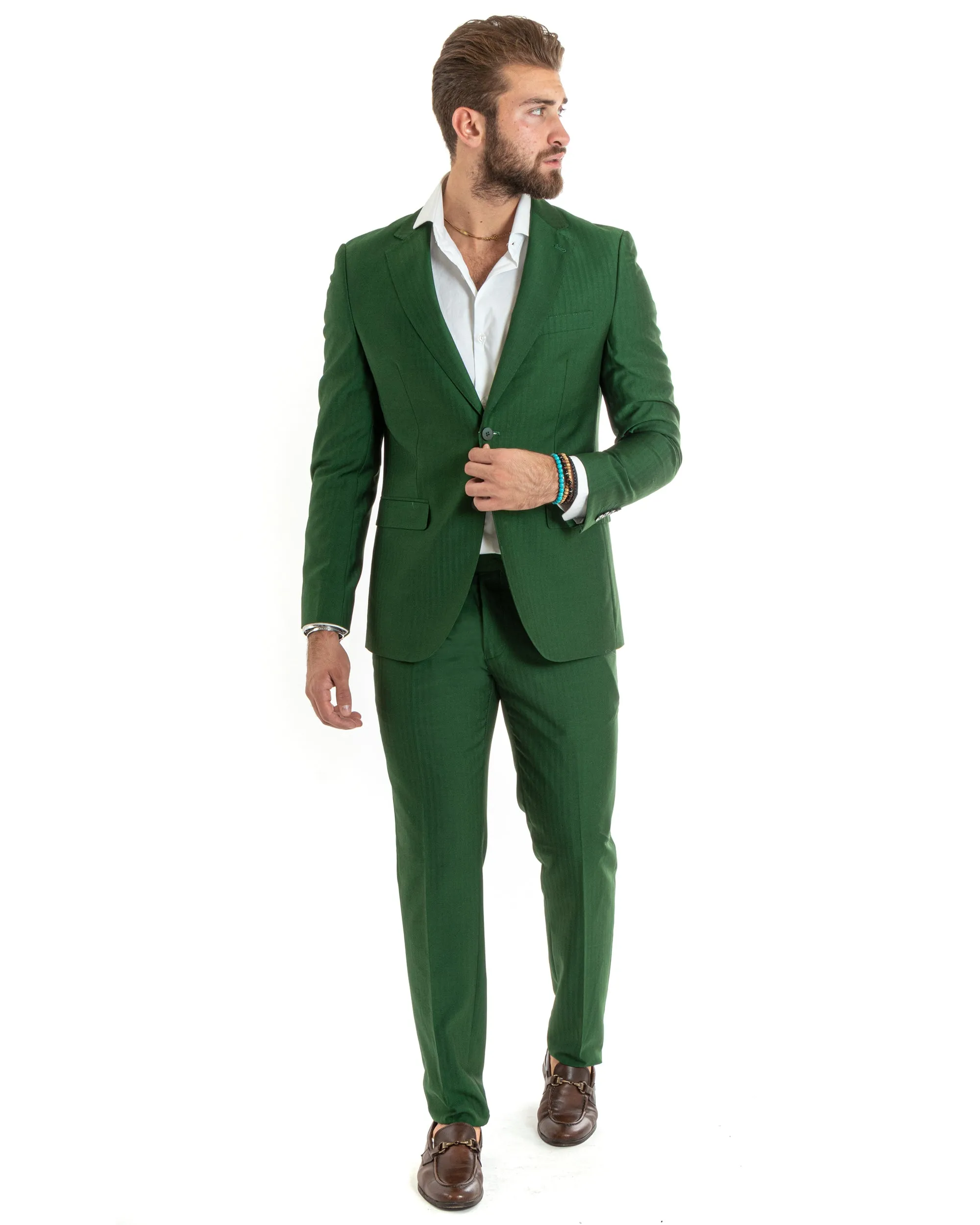 Abito Uomo Monopetto Vestito Gessato Solaro Completo Giacca Pantaloni Verde Elegante Casual GIOSAL-OU2429A