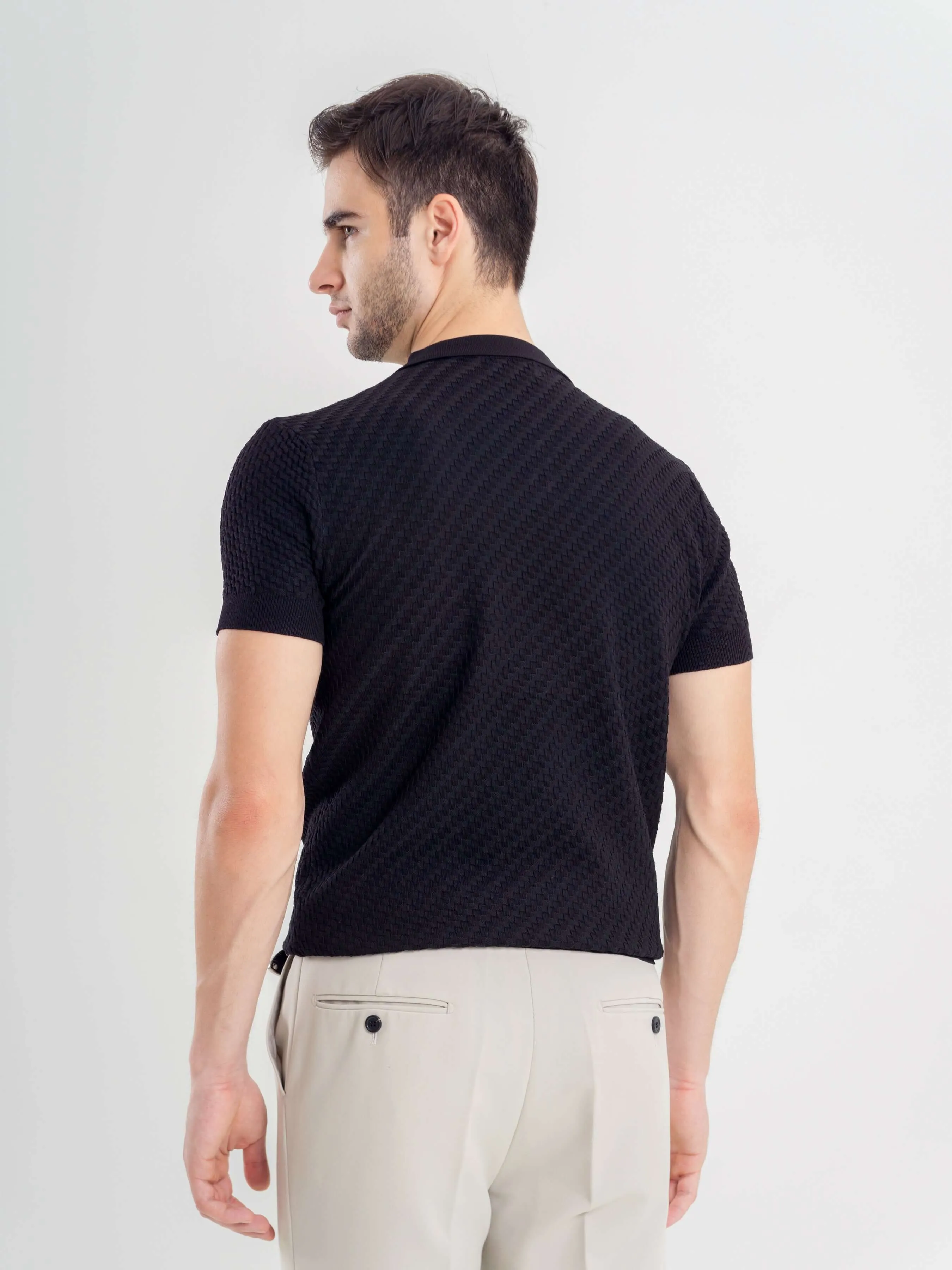 Basketweave Knit Polo Tee - Black