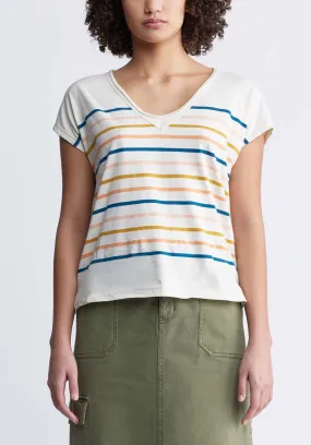 Danique Women’s V-Neck Striped T-Shirt in White - KT0122P