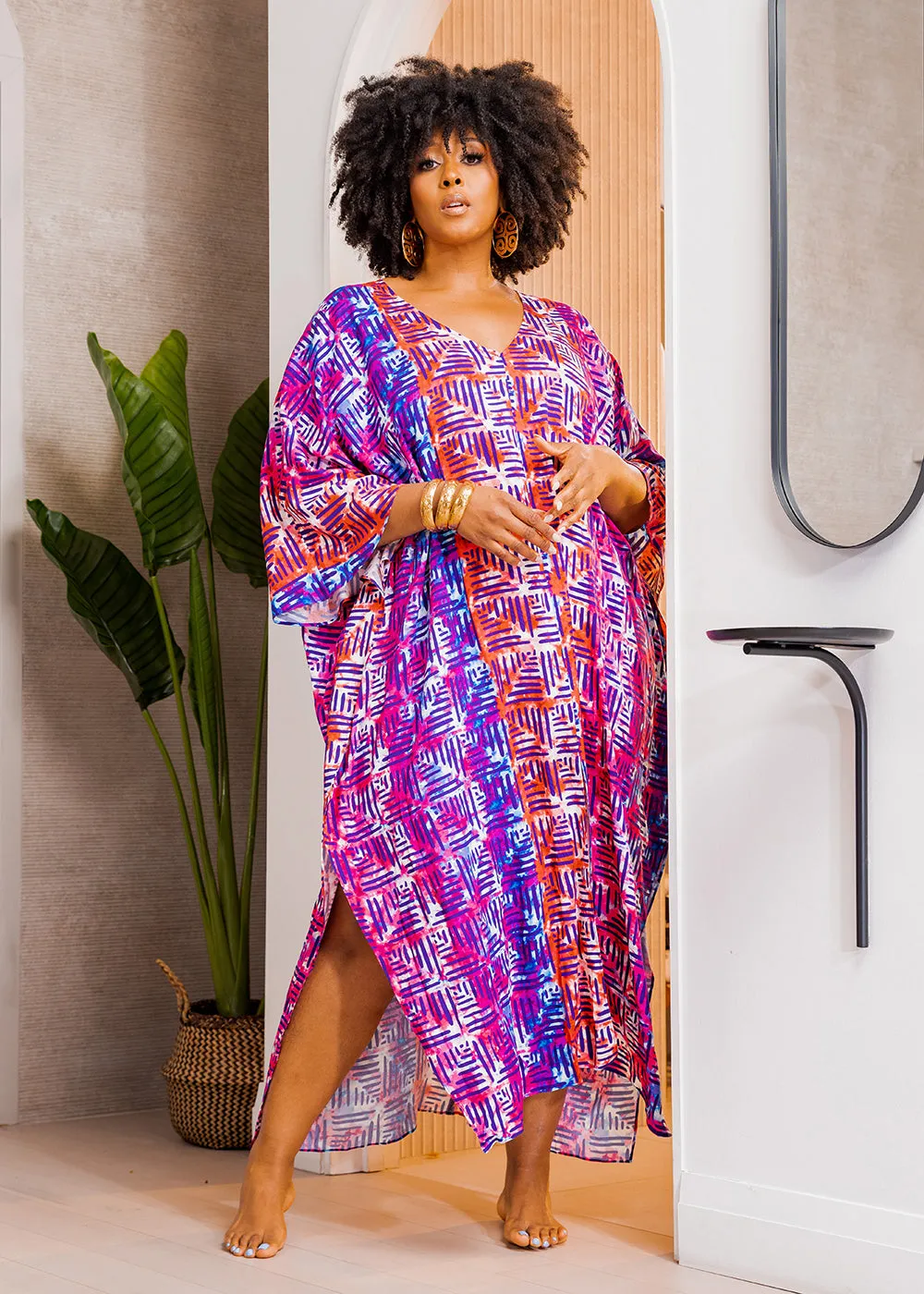 Karimah Women's African Print Kaftan Cover-Up (Blue Raspberry Adire)-Clearance