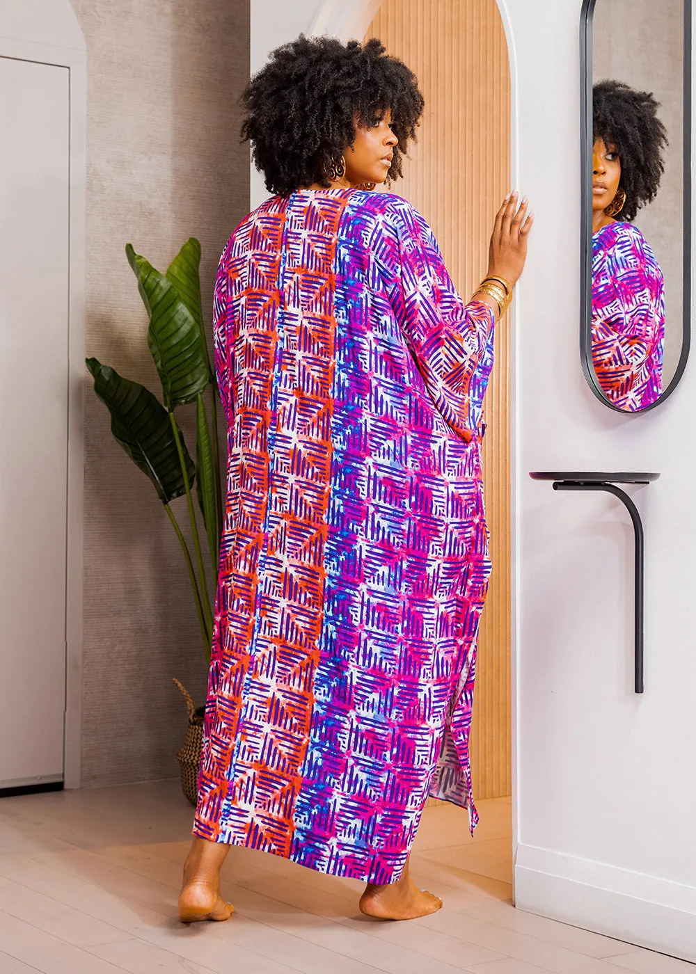 Karimah Women's African Print Kaftan Cover-Up (Blue Raspberry Adire)-Clearance