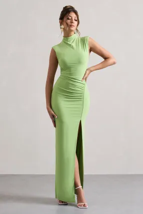 Lanetta | Light Green Ruched High-Neck Maxi Dress With Split