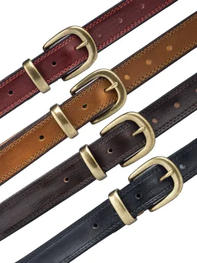 Leather Belt with Horseshoe Gold-toned Buckle with Stitching