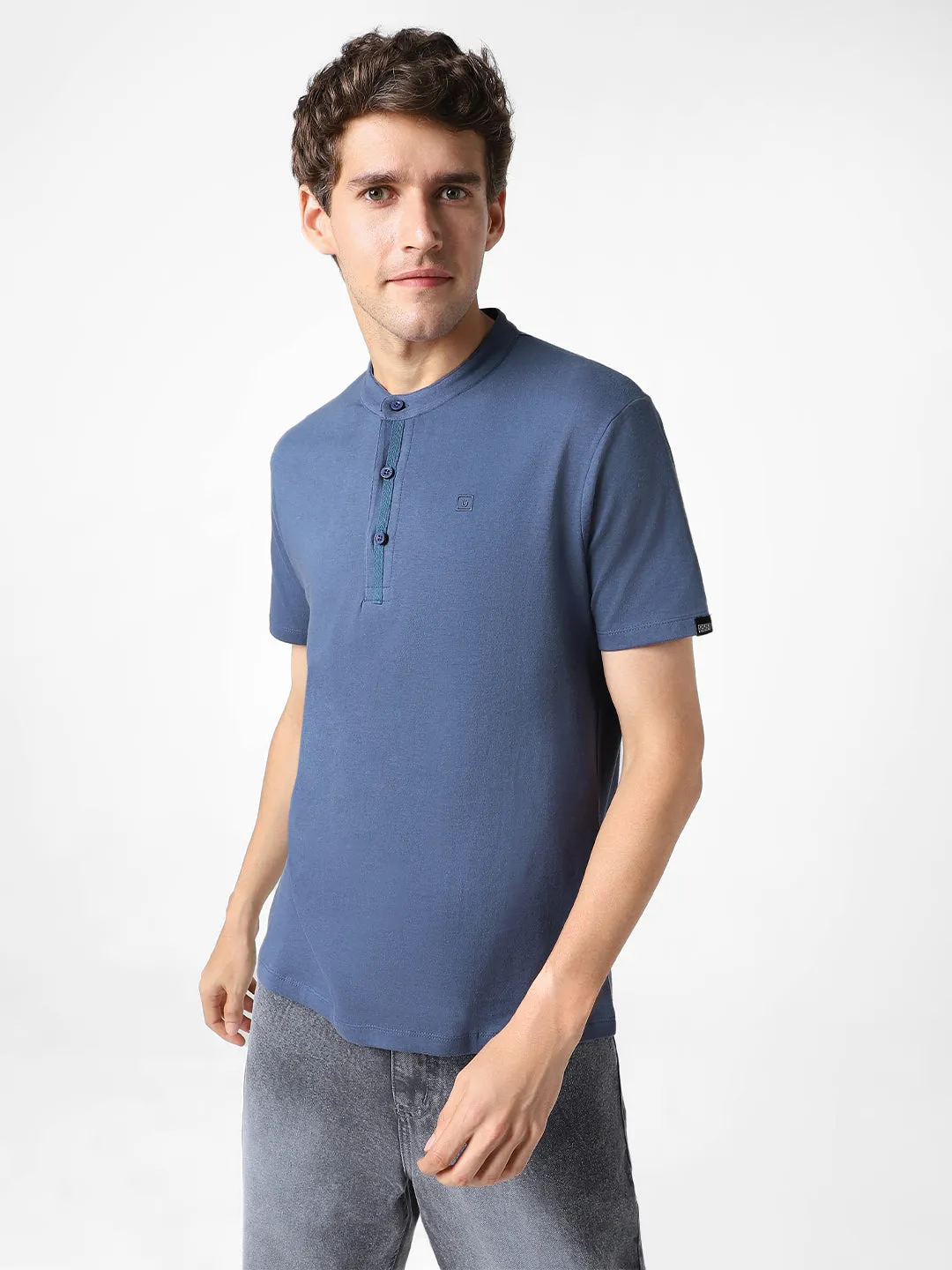 Men's Indigo Blue Solid Mandarin Collar Slim Fit Half Sleeve Cotton T-Shirt