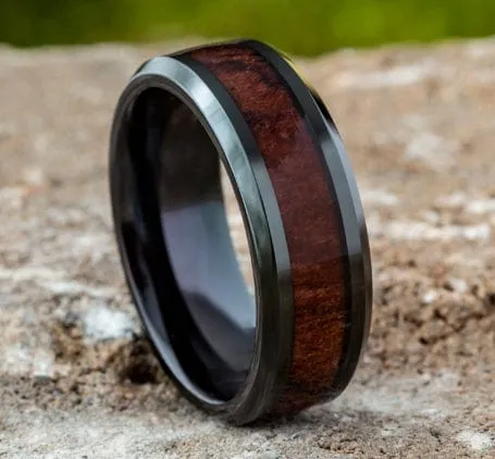 Men's Wedding Band, 8MM Black Cobalt with Wood Center