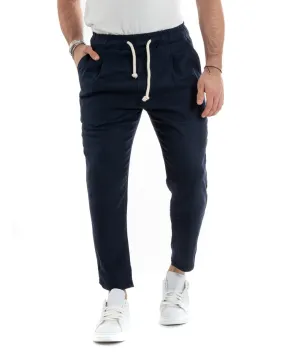 Pantaloni Uomo Pantalaccio Lino Lungo Jogger Elastico Sartoriale Casual Tinta Unita Blu GIOSAL-P5815A