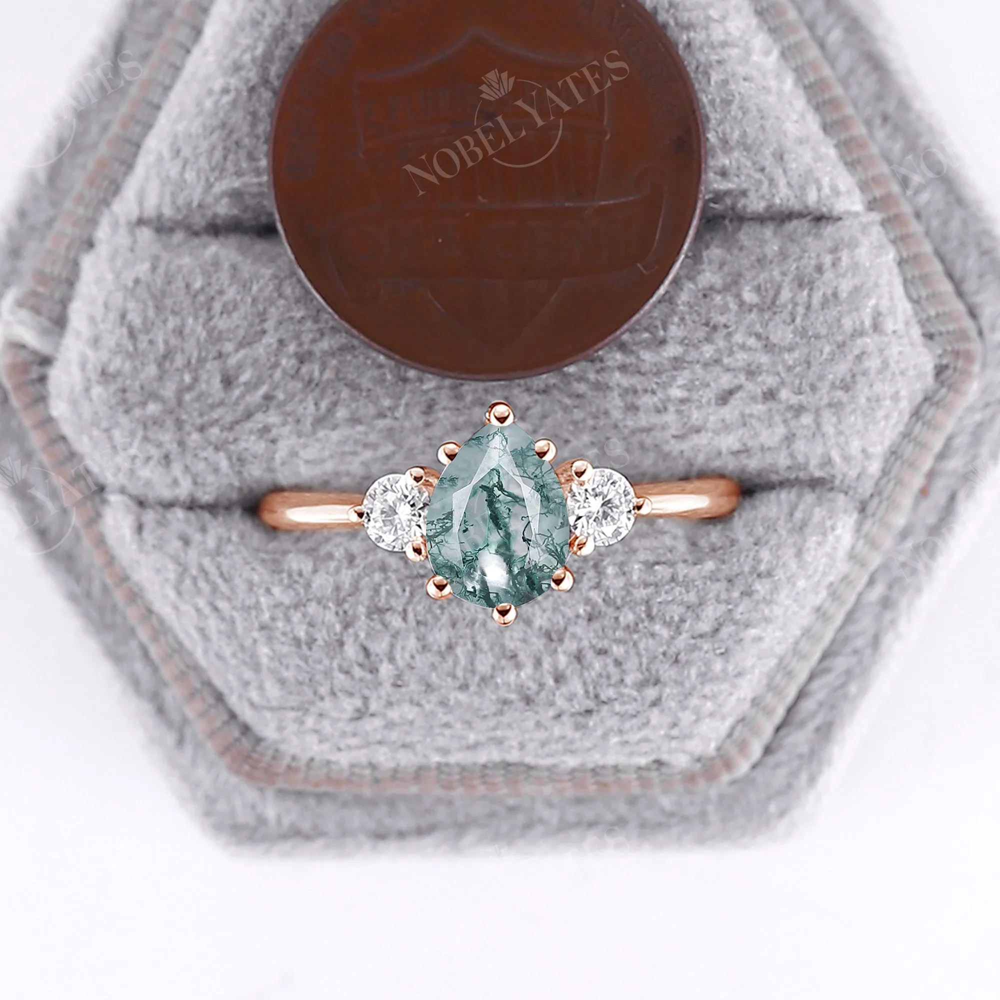 Pear Cut Moss Agate Classic Rose Gold Three Stone Engagement Ring