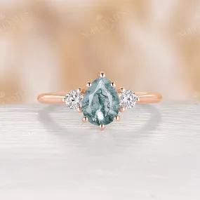 Pear Cut Moss Agate Classic Rose Gold Three Stone Engagement Ring